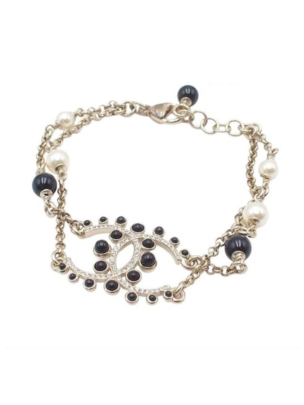 Chanel Bracelet Light Gold Metal CC Logo Stone Faux Pearl